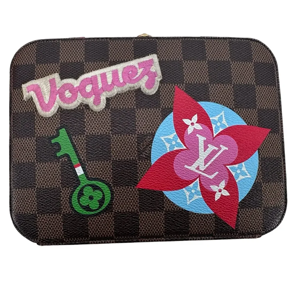 Louis Vuitton LV Damier Ebene Stories Box Trunk Crossbody Bag W/Patches Full Set